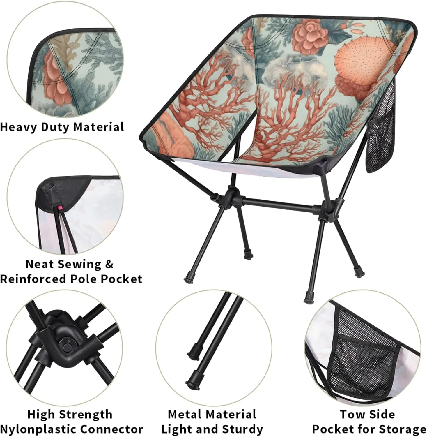 Honeybaby Folding Camping Chair Coral Theme Camping Chairs Lightweight Portable Chair Outdoor Foldable Chairs for Camping Travel Picnic Beach Hiking