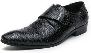 HOOENG Formal Shoes for Men Slip On Pointed Burnished Toe Faux Leather Crocodile Print Monk Strap Block Heel Slip Resistant Anti-Slip Outdoor(Color:Black,Size:11)