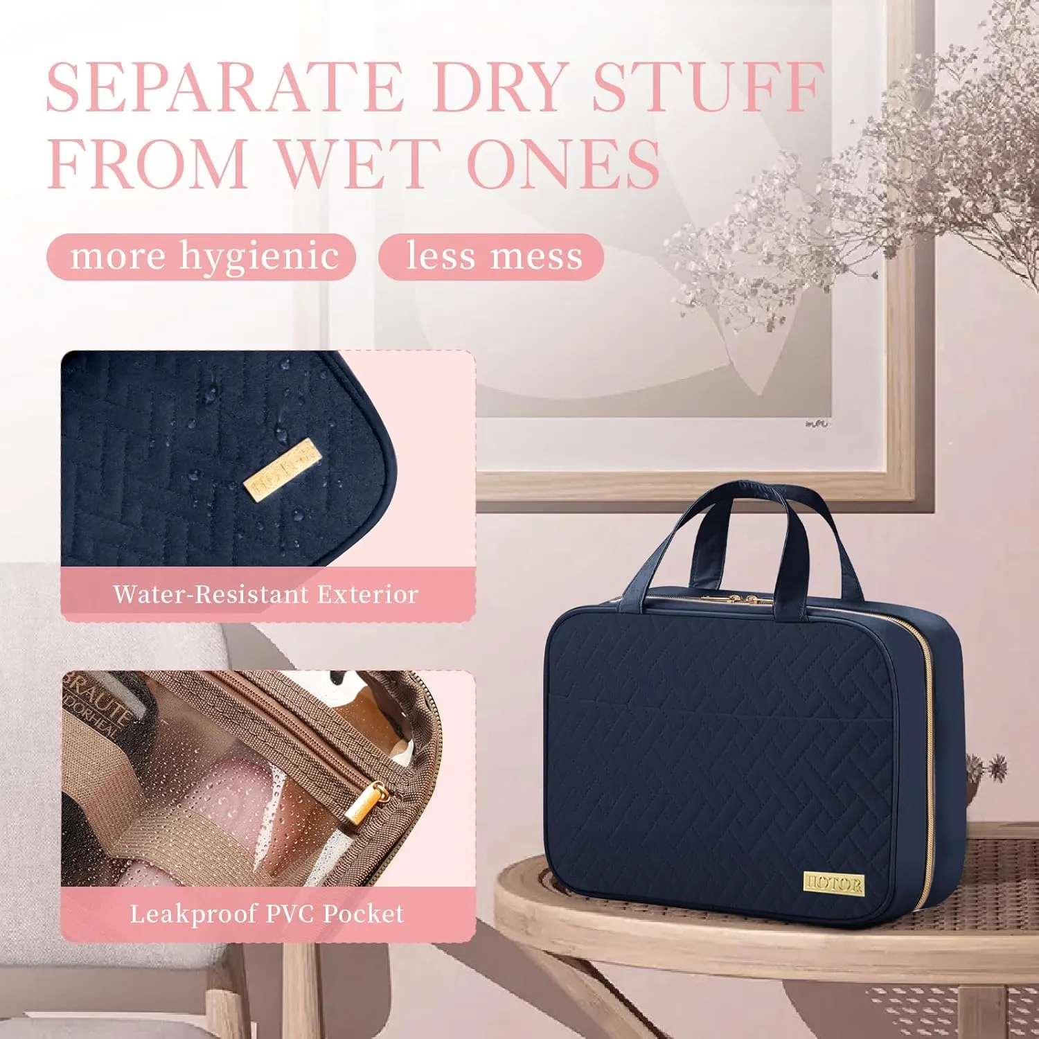 HOTOR Travel Toiletry Bag - Toiletry Bag w/Hanging Hook - Spacious Toiletry Bag for Women & Men, Makeup Bag/Big Comparment, Waterproof for Travel Accessories, Travel Essentials, Medium, Navy Blue