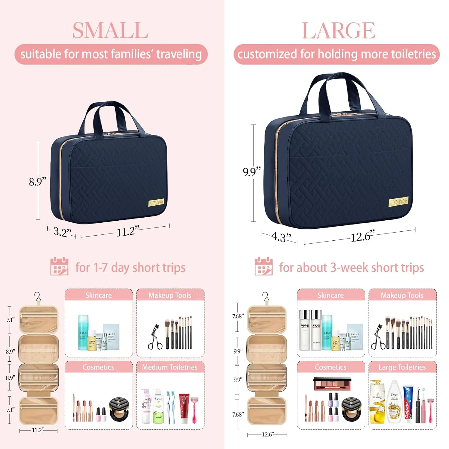 HOTOR Travel Toiletry Bag - Toiletry Bag w/Hanging Hook - Spacious Toiletry Bag for Women & Men, Makeup Bag/Big Comparment, Waterproof for Travel Accessories, Travel Essentials, Medium, Navy Blue