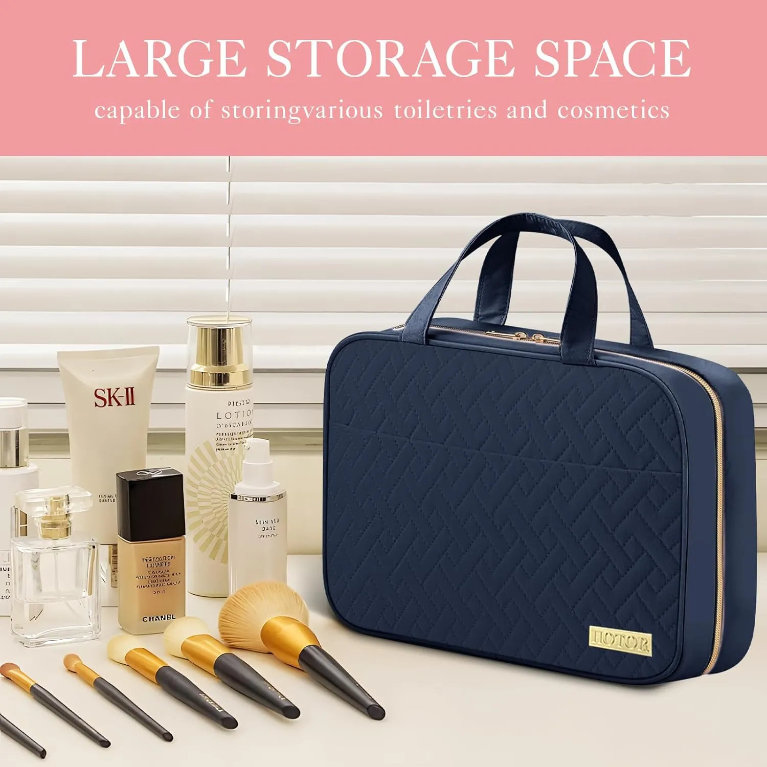 HOTOR Travel Toiletry Bag - Toiletry Bag w/Hanging Hook - Spacious Toiletry Bag for Women & Men, Makeup Bag/Big Comparment, Waterproof for Travel Accessories, Travel Essentials, Medium, Navy Blue