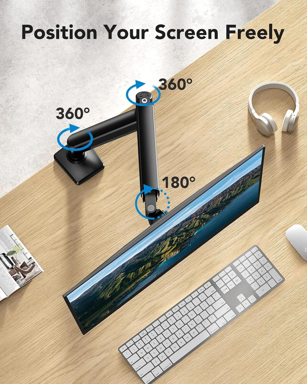 HUANUO Single Monitor Arm 13-34 Inch, Adjustable Gas Spring Arm, Monitor Desk Mount for 4.4-22lbs, VESA 75/100mm with C-Clamp/Grommet Base, Ergonomic Stand for Work/Gaming