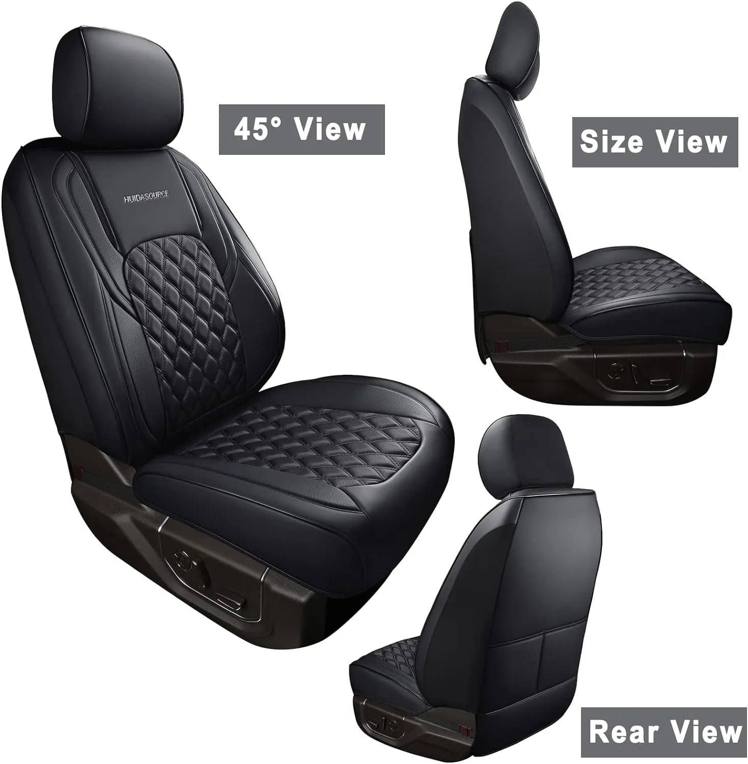 Huidasource Silverado Faux Leather Seat Covers Full Coverage Custom Fit for Truck Chevy Chevrolet Silverado Sierra 1500 2007-2024, 2500HD 3500HD 2015-2024 Crew Double Extended Cab (Front Pair/Black)