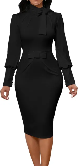 IbuduSexy Church Dresses for Women 2025 Elegant Bow tie lace Button Sleeve