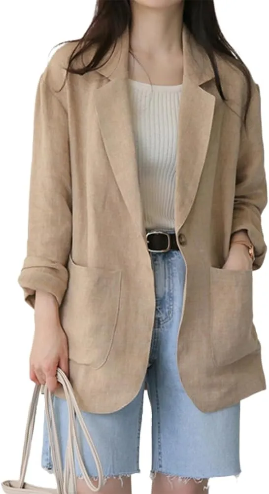 IDEALSANXUN Womens Linen Blazer Casual Long Sleeve Lightweight Spring Summer Jackets