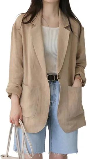 IDEALSANXUN Womens Linen Blazer Casual Long Sleeve Lightweight Spring Summer Jackets