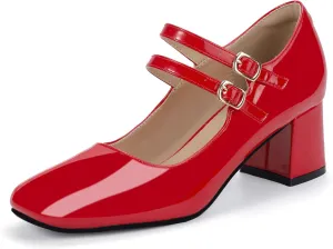 IDIFU IN2 Mary Jane Shoes Women Dress Shoes Women's Pumps Chunky Low Block Heels Square Closed Toe Strappy Wedding Business Bride Comfortable Short Graduation Two Strap Cute Vintage Heels Pumps Shoes