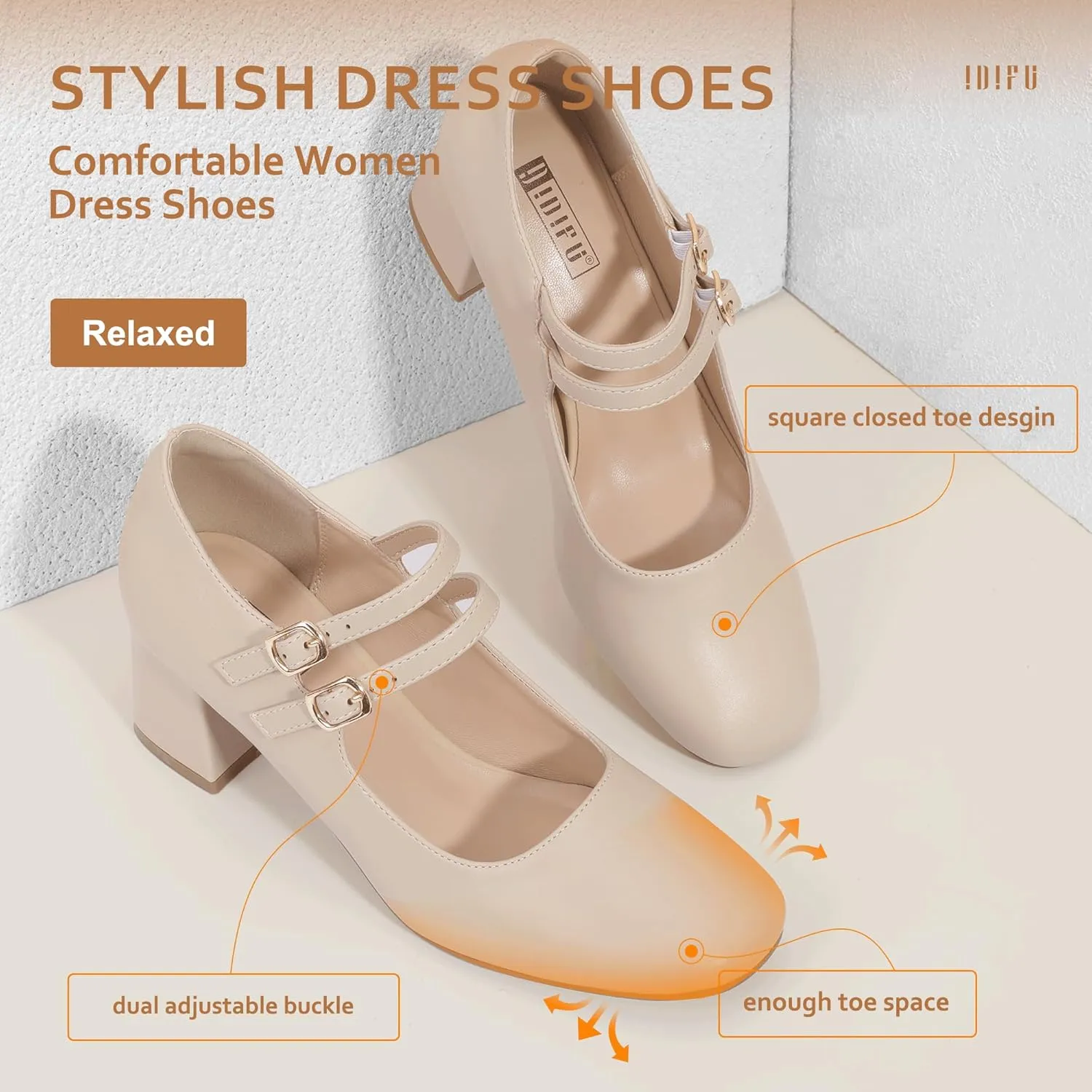 IDIFU IN2 Mary Jane Shoes Women Dress Shoes Women's Pumps Chunky Low Block Heels Square Closed Toe Strappy Wedding Business Bride Comfortable Short Graduation Two Strap Cute Vintage Heels Pumps Shoes