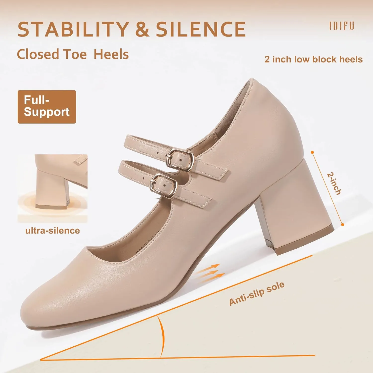 IDIFU IN2 Mary Jane Shoes Women Dress Shoes Women's Pumps Chunky Low Block Heels Square Closed Toe Strappy Wedding Business Bride Comfortable Short Graduation Two Strap Cute Vintage Heels Pumps Shoes