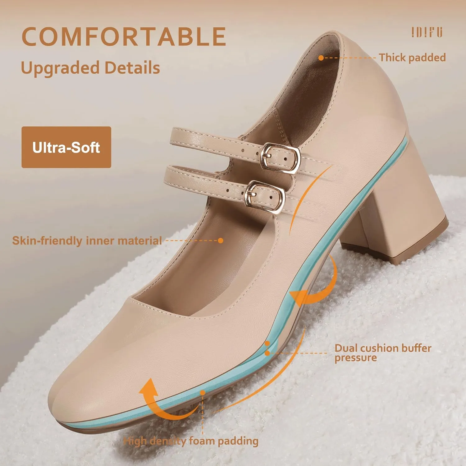 IDIFU IN2 Mary Jane Shoes Women Dress Shoes Women's Pumps Chunky Low Block Heels Square Closed Toe Strappy Wedding Business Bride Comfortable Short Graduation Two Strap Cute Vintage Heels Pumps Shoes