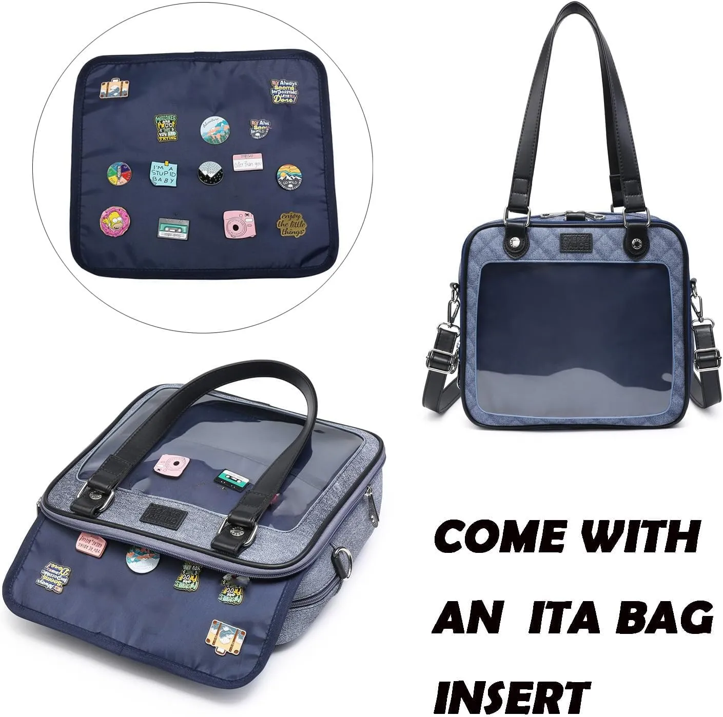 Imitation Denim PU Ita Bag Backpack Crossbody Bag Satchel Messenger Shoulder Bag for Pins Display