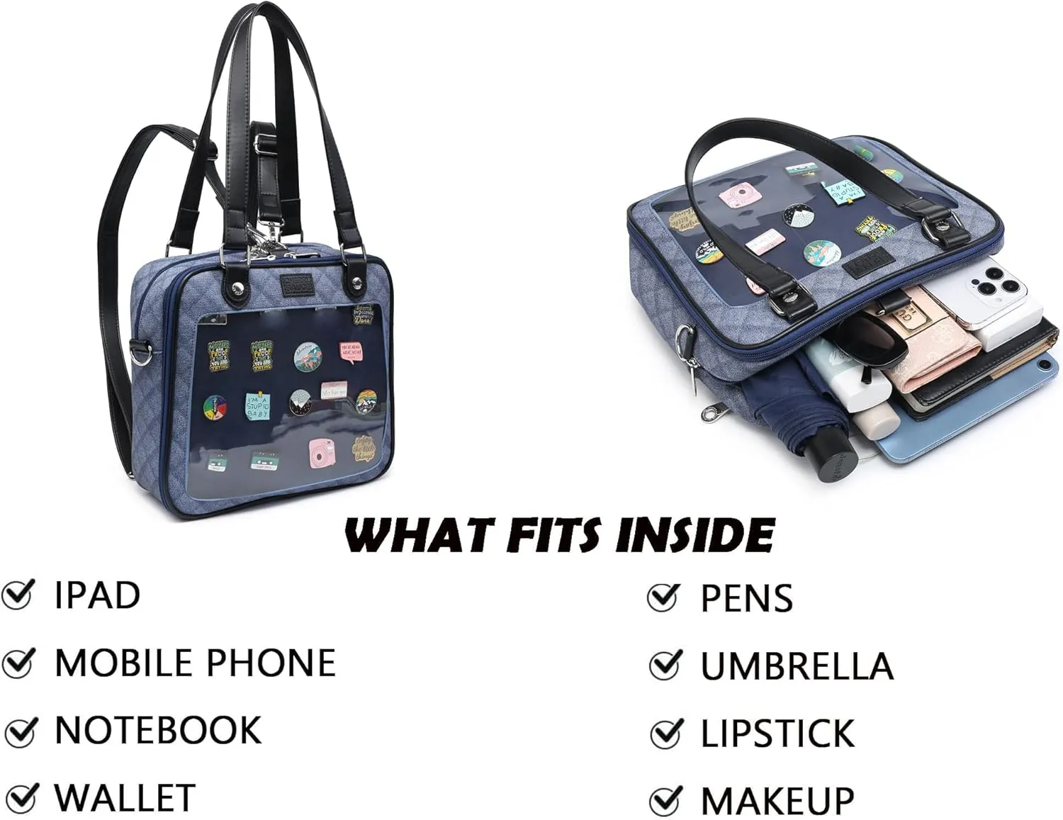 Imitation Denim PU Ita Bag Backpack Crossbody Bag Satchel Messenger Shoulder Bag for Pins Display