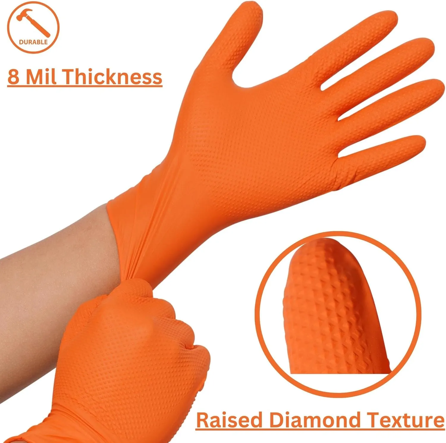 Industrial Nitrile Gloves – Heavy Duty Latex & Powder Free Disposable Gloves with Diamond Texture - 8 Mil (Orange)