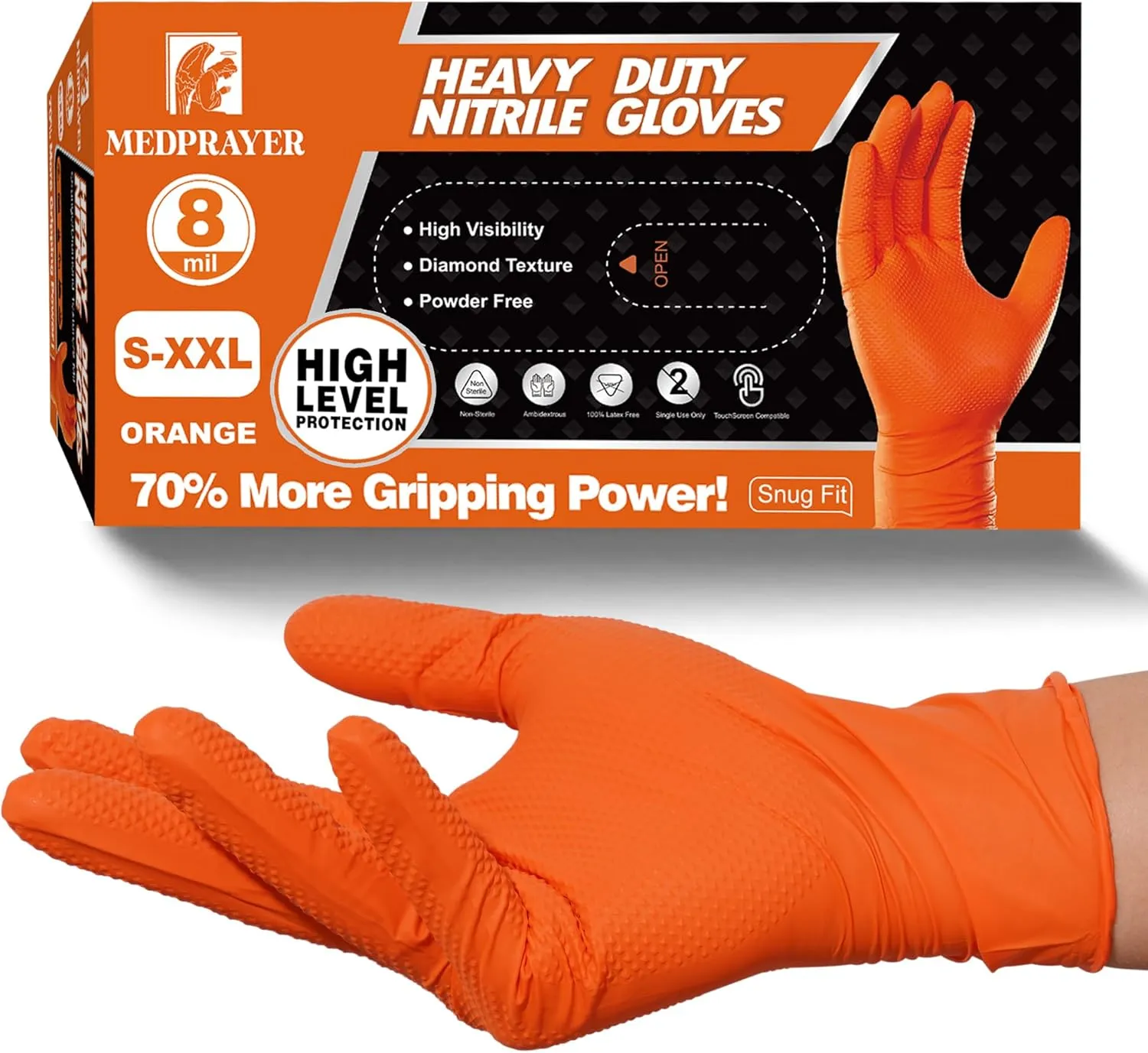 Industrial Nitrile Gloves – Heavy Duty Latex & Powder Free Disposable Gloves with Diamond Texture - 8 Mil (Orange)