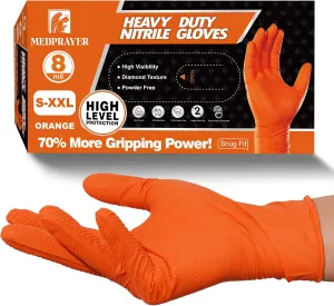 Industrial Nitrile Gloves – Heavy Duty Latex & Powder Free Disposable Gloves with Diamond Texture - 8 Mil (Orange)