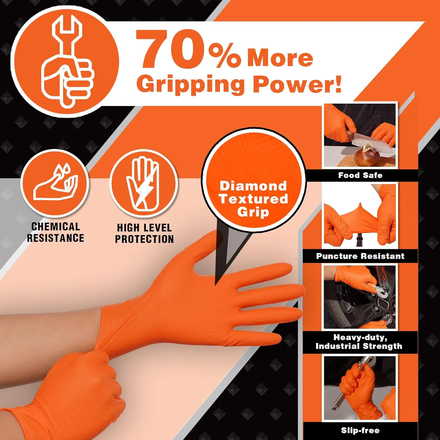 Industrial Nitrile Gloves – Heavy Duty Latex & Powder Free Disposable Gloves with Diamond Texture - 8 Mil (Orange)