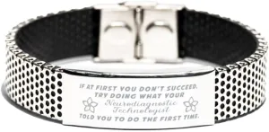 Inspirational Stainless Steel Bracelet, If at first you don't succeed, try doing what your athletic trainer told you to do the first time., Gifts for Neurodiagnostic Technologist Engraved Message