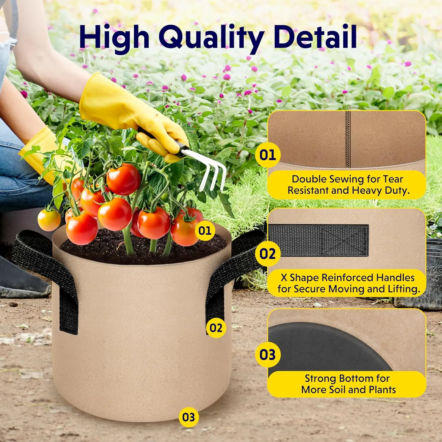 iPower 20-Pack 2 Gallon Grow Bags Heavy Duty Thickened Aeration Nonwoven Fabric Pots with Nylon Handles, for Planting Vegetables, Fruits, Flowers, Tan