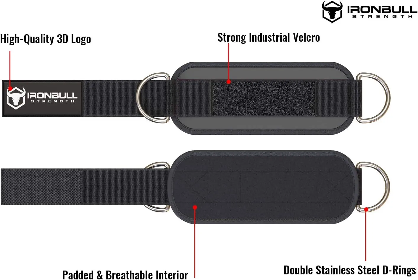 Iron Bull Strength Ankle Straps for Cable Machines (Pair) - Double D-Ring Attachment, Fully Adjustable, Breathable Comfort Neoprene - for Legs, Glutes, Abs and HIPS Workouts - Fits Women & Men