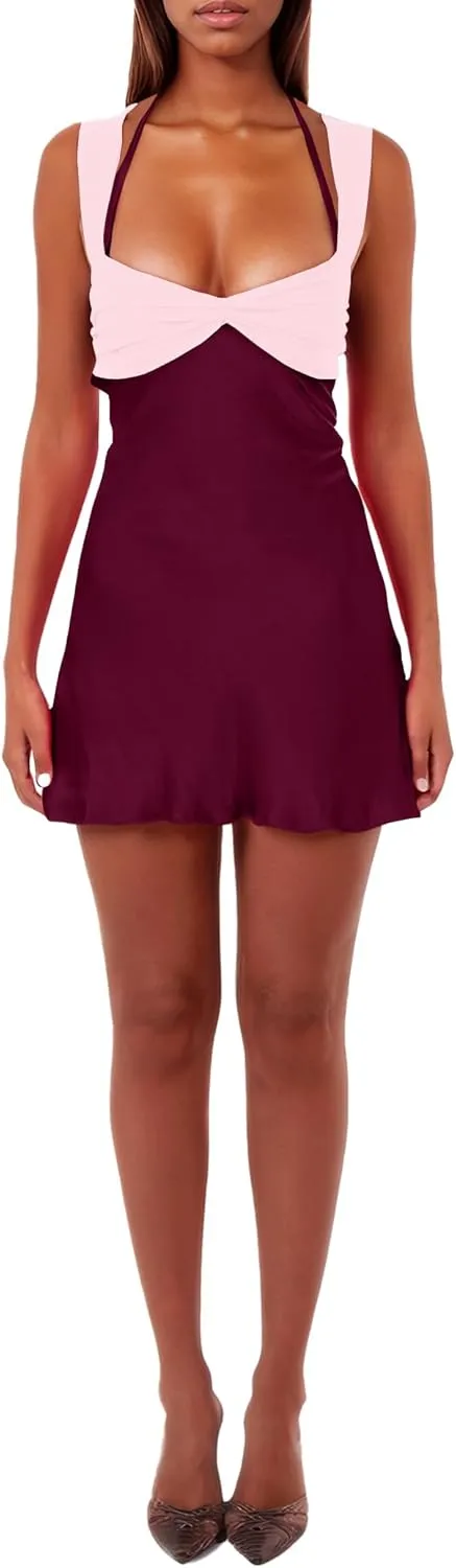 ISZPLUSH Women’s Mini Dress Patchwork Sleeveless Strapless Lace Up High Waist A-line Elegant Party Clubwear Short Dress