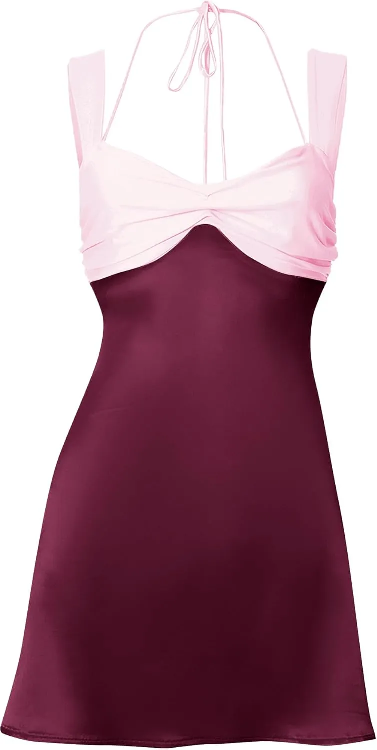 ISZPLUSH Women’s Mini Dress Patchwork Sleeveless Strapless Lace Up High Waist A-line Elegant Party Clubwear Short Dress