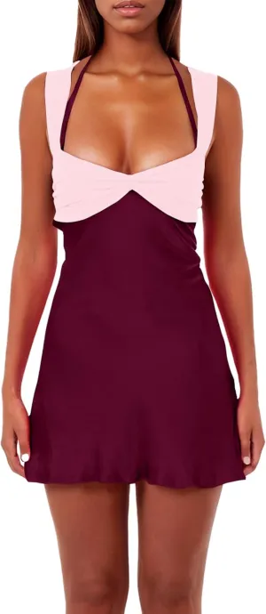 ISZPLUSH Women’s Mini Dress Patchwork Sleeveless Strapless Lace Up High Waist A-line Elegant Party Clubwear Short Dress