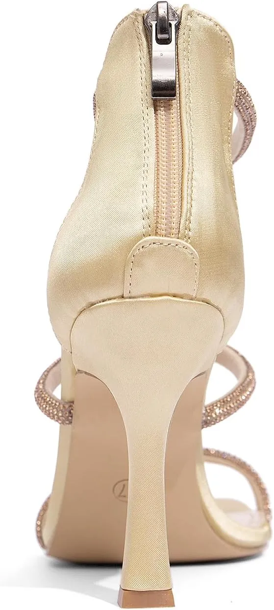 Jeesay Women's Rhinestones Strappy Stiletto High Heels Sandals Square Toe Back Zip Casual Dress Sandals Shoes