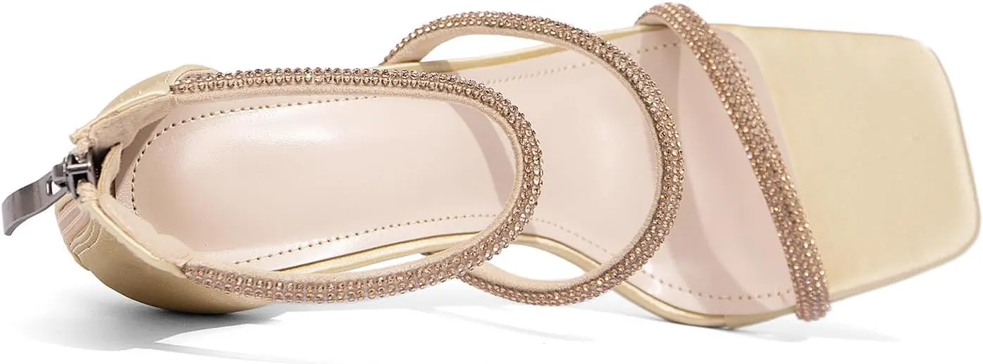 Jeesay Women's Rhinestones Strappy Stiletto High Heels Sandals Square Toe Back Zip Casual Dress Sandals Shoes
