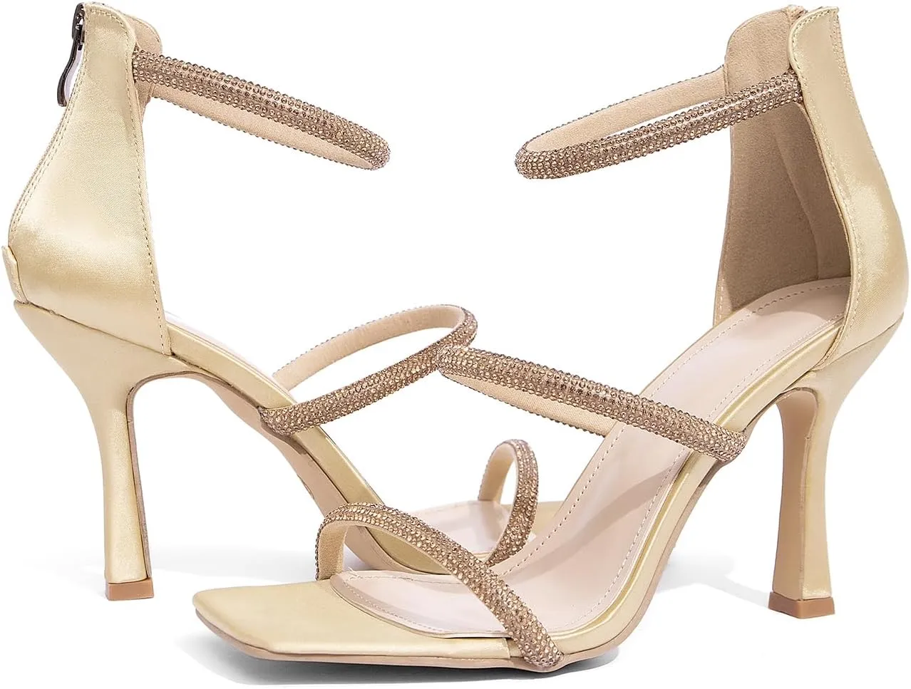 Jeesay Women's Rhinestones Strappy Stiletto High Heels Sandals Square Toe Back Zip Casual Dress Sandals Shoes
