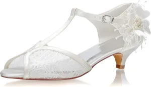 JIAJIA 01135 Women's Bridal Shoes Peep Toe T-Strap Low Heel Lace Satin Flower Pumps Wedding Shoes