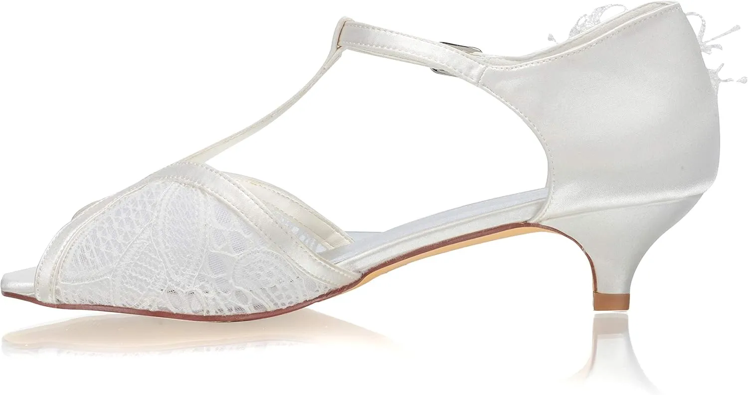 JIAJIA 01135 Women's Bridal Shoes Peep Toe T-Strap Low Heel Lace Satin Flower Pumps Wedding Shoes