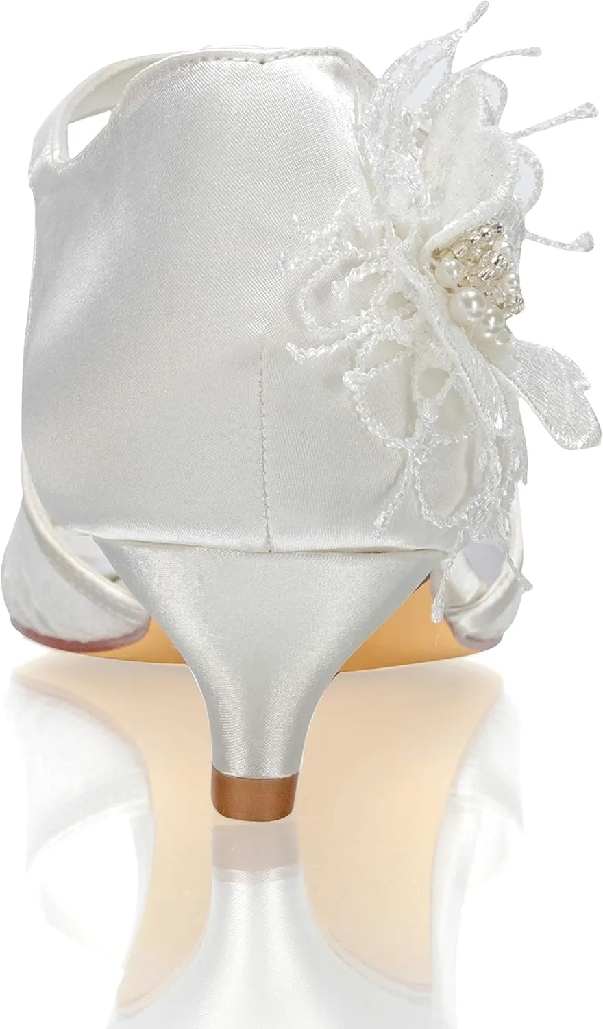 JIAJIA 01135 Women's Bridal Shoes Peep Toe T-Strap Low Heel Lace Satin Flower Pumps Wedding Shoes