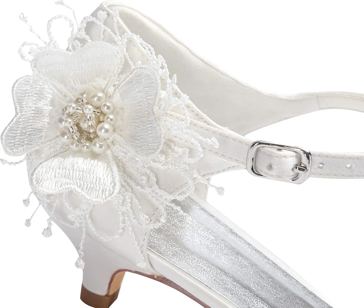 JIAJIA 01135 Women's Bridal Shoes Peep Toe T-Strap Low Heel Lace Satin Flower Pumps Wedding Shoes