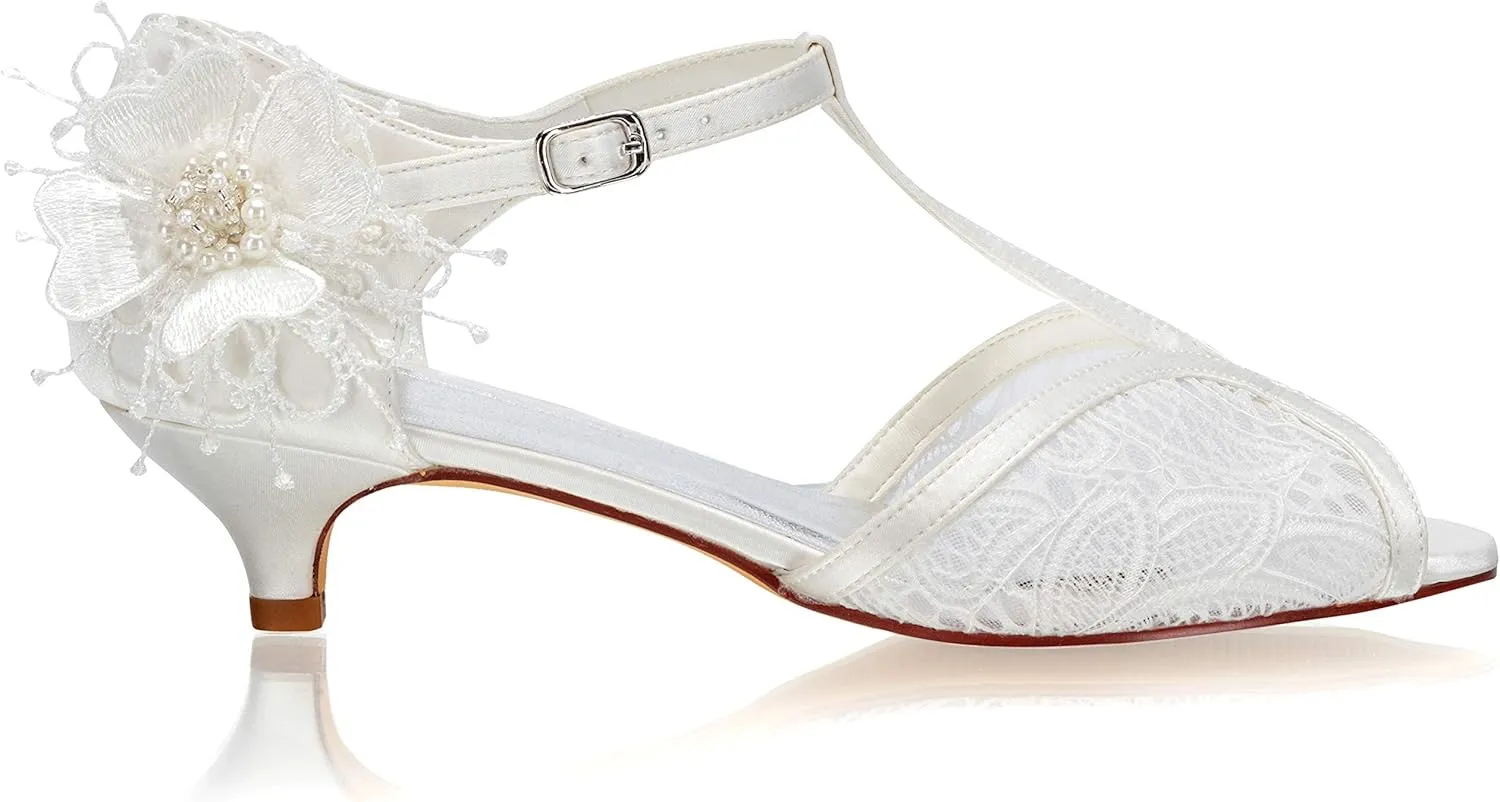 JIAJIA 01135 Women's Bridal Shoes Peep Toe T-Strap Low Heel Lace Satin Flower Pumps Wedding Shoes