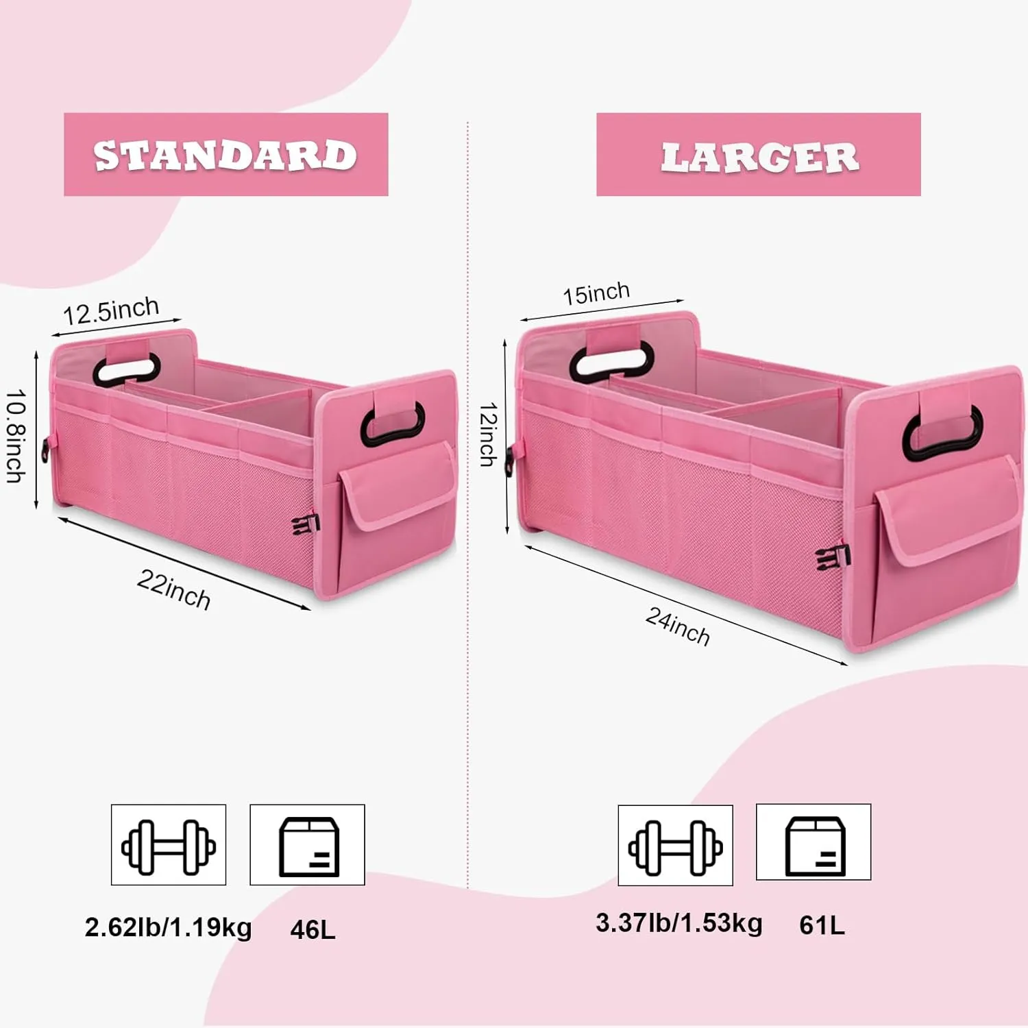 JiatuA Car Trunk Organizer, Car Organizers and Storage Collapsible Multi Compartment Container Box, Adjustable Car Accessories for SUV Sedan Truck, Large Size, Pink