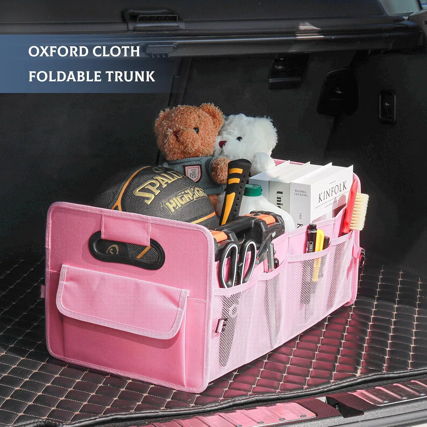 JiatuA Car Trunk Organizer, Car Organizers and Storage Collapsible Multi Compartment Container Box, Adjustable Car Accessories for SUV Sedan Truck, Large Size, Pink