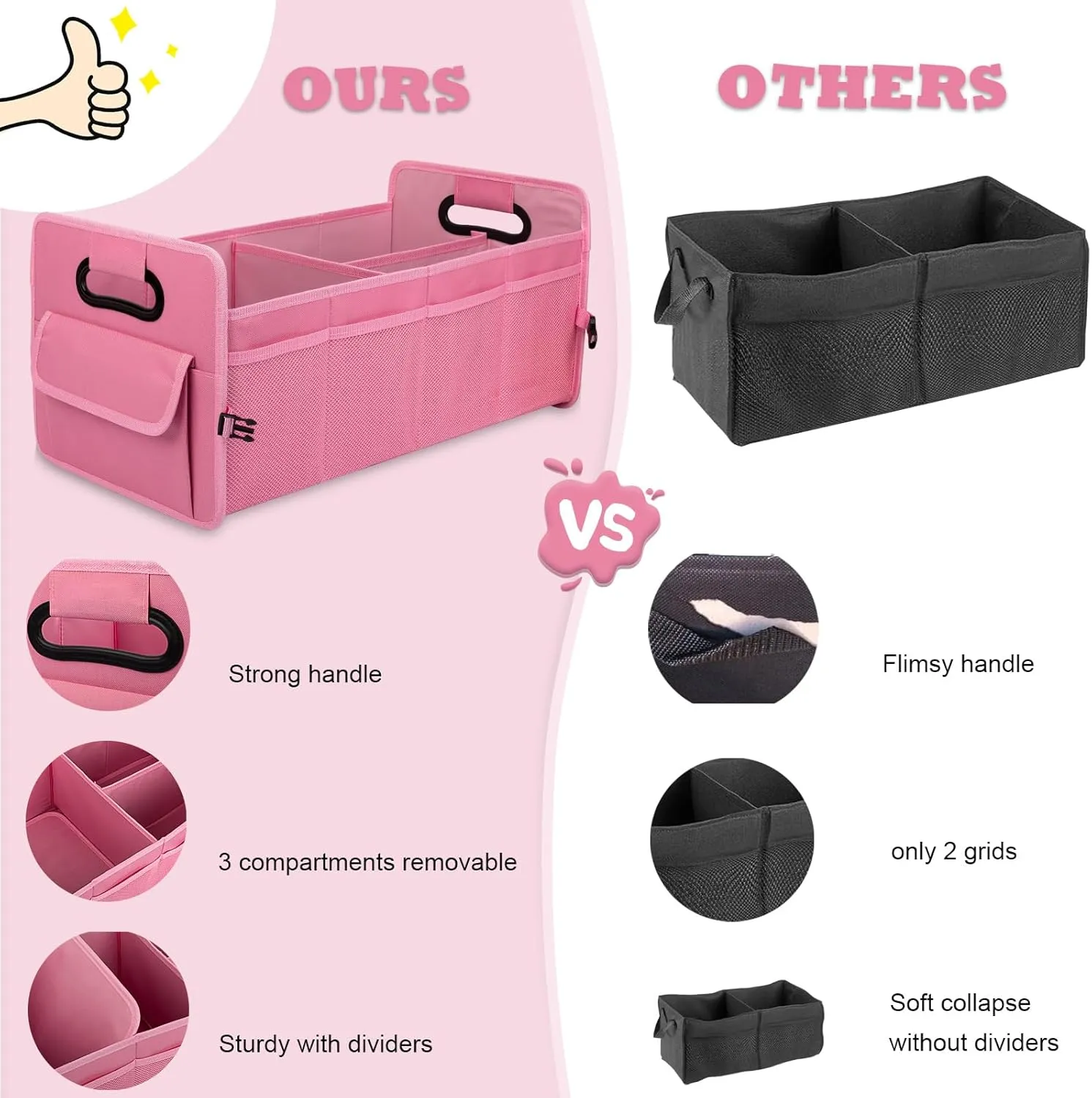 JiatuA Car Trunk Organizer, Car Organizers and Storage Collapsible Multi Compartment Container Box, Adjustable Car Accessories for SUV Sedan Truck, Large Size, Pink