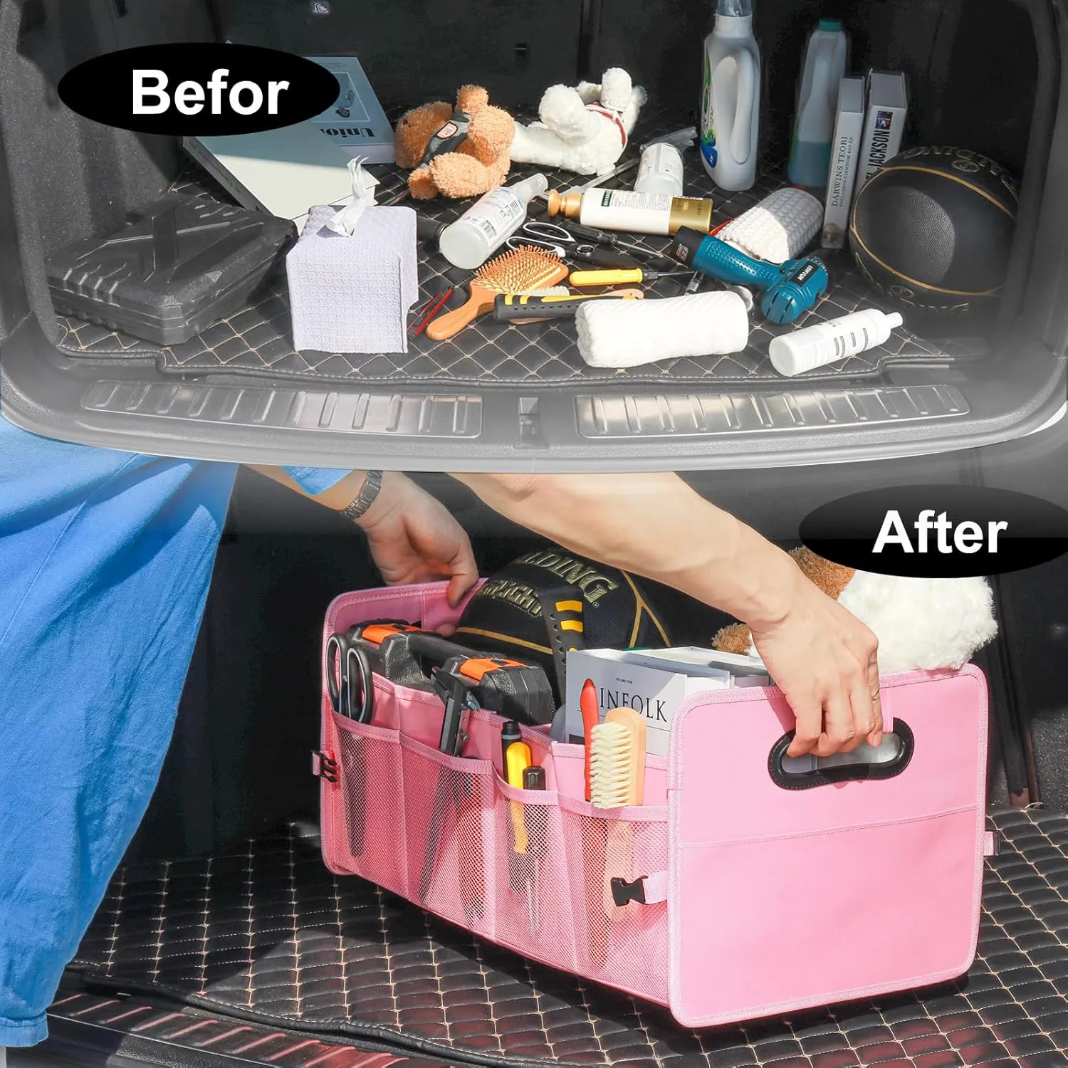 JiatuA Car Trunk Organizer, Car Organizers and Storage Collapsible Multi Compartment Container Box, Adjustable Car Accessories for SUV Sedan Truck, Large Size, Pink