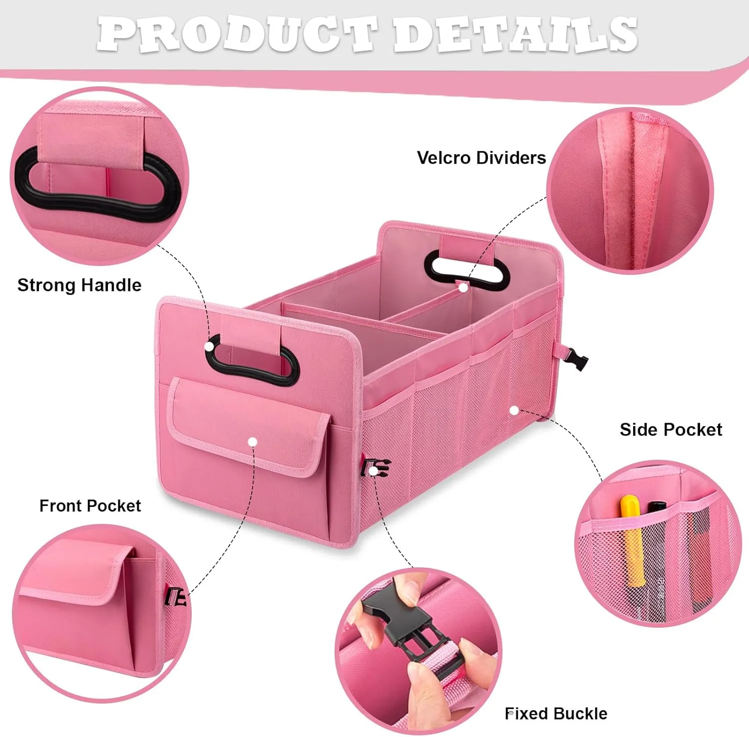 JiatuA Car Trunk Organizer, Car Organizers and Storage Collapsible Multi Compartment Container Box, Adjustable Car Accessories for SUV Sedan Truck, Large Size, Pink