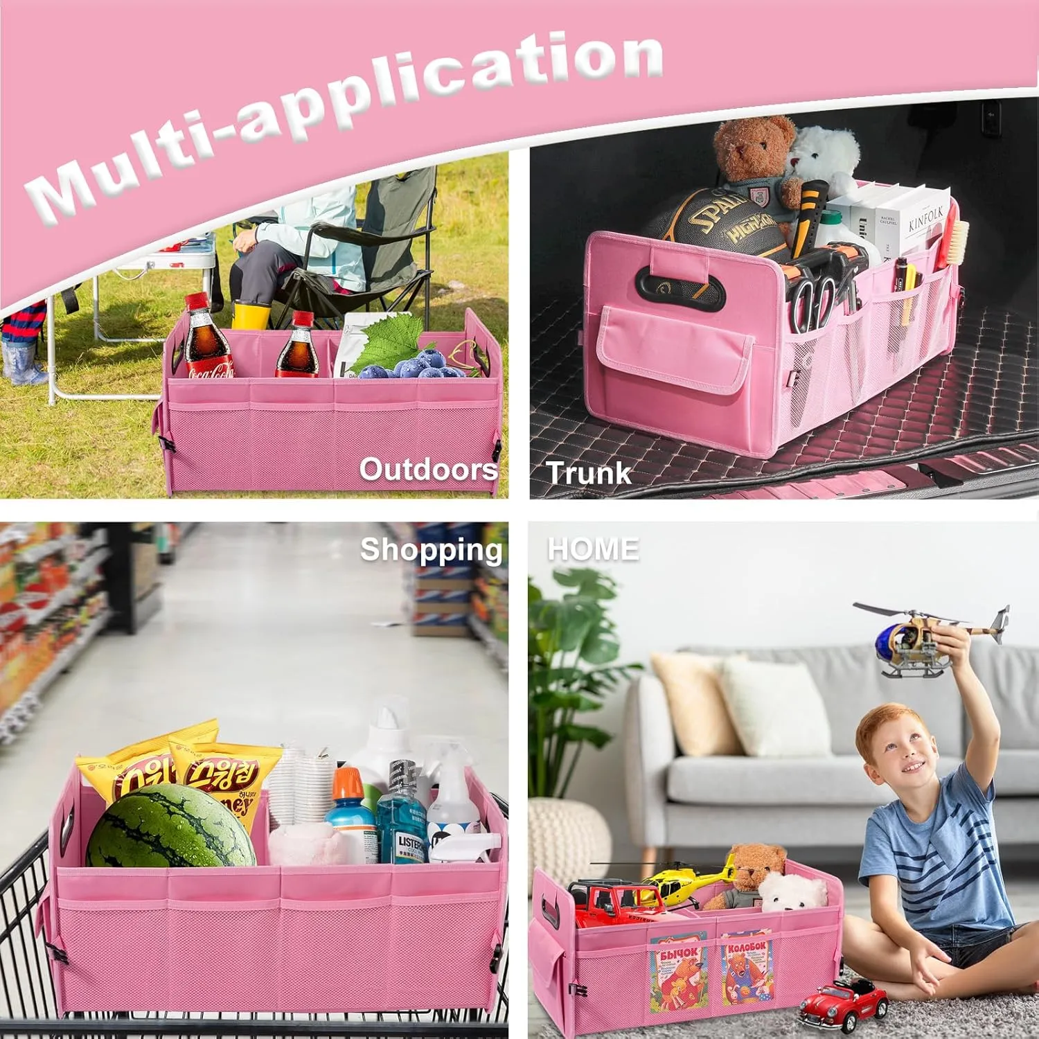 JiatuA Car Trunk Organizer, Car Organizers and Storage Collapsible Multi Compartment Container Box, Adjustable Car Accessories for SUV Sedan Truck, Large Size, Pink