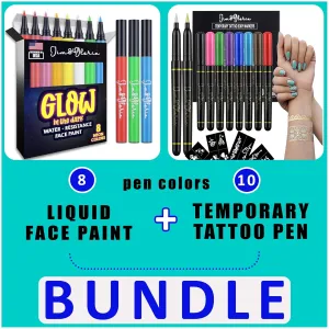 Jim&Gloria Face Paint Pen Glow In the Dark Sweatproof Smudge Proof WaterProof 8 Neon Rainbow Colors Body Art Tattoo Pen 10 Colors With Gold and Silver