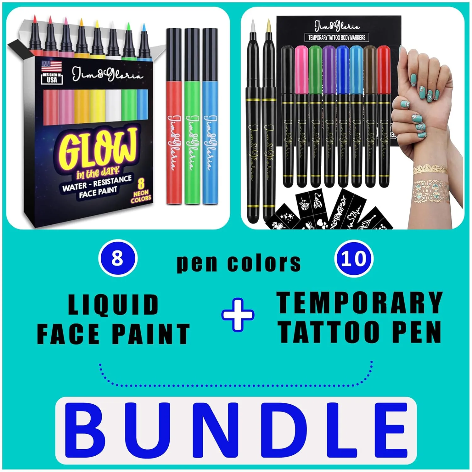 Jim&Gloria Face Paint Pen Glow In the Dark Sweatproof Smudge Proof WaterProof 8 Neon Rainbow Colors Body Art Tattoo Pen 10 Colors With Gold and Silver