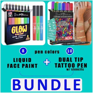 Jim&Gloria Face Paint Pen Glow In the Dark, Sweatproof, Smudge Proof WaterProof - 8 Neon Rainbow Colors   Body Art Tattoo Pen Dual Tip 10 Colors With GOLD & SILVER Skin Markers