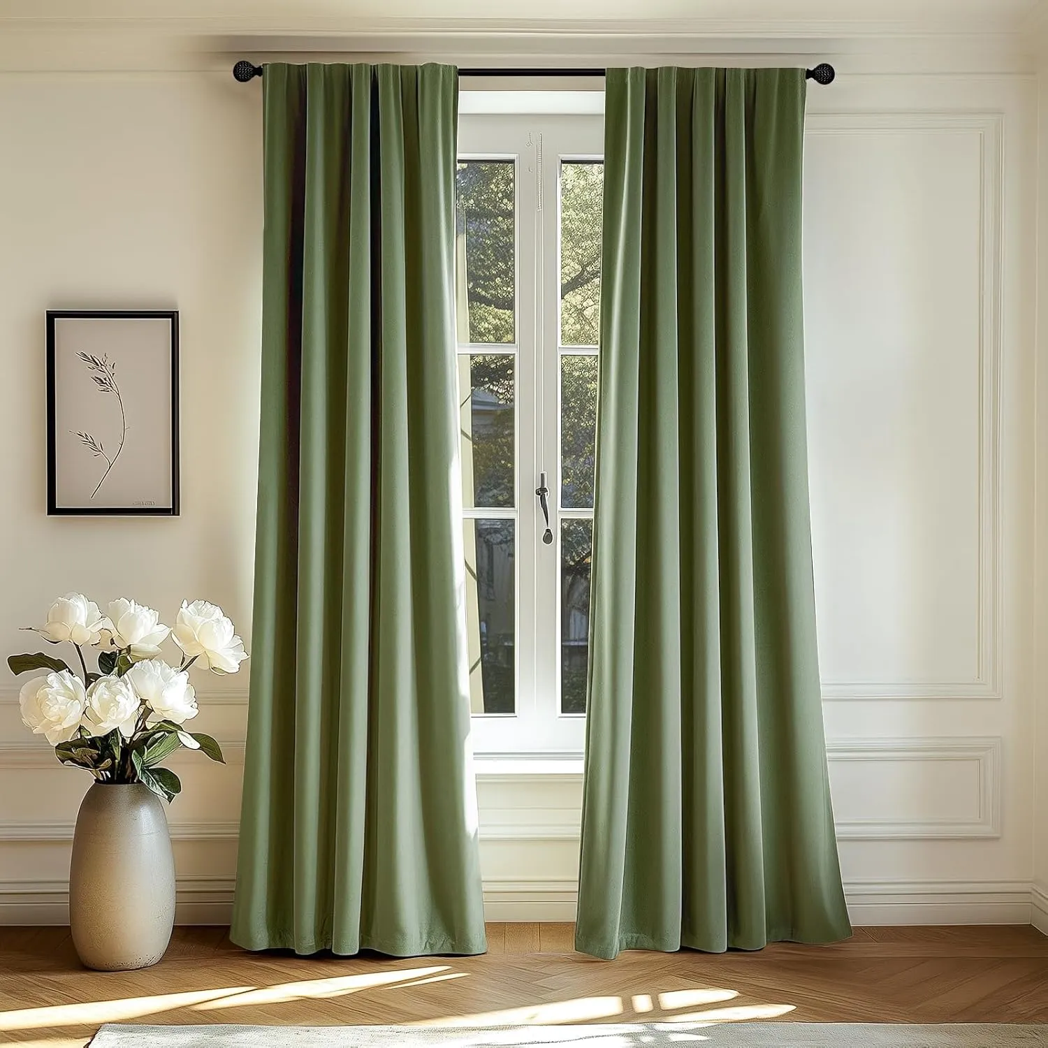 jinchan Curtains Velvet Curtain for Living Room, Sage Thermal Insulated Drape for Bedroom 84 Inch Long, Room Darkening Window Treatment Rod Pocket 1 Panel, Sage Green