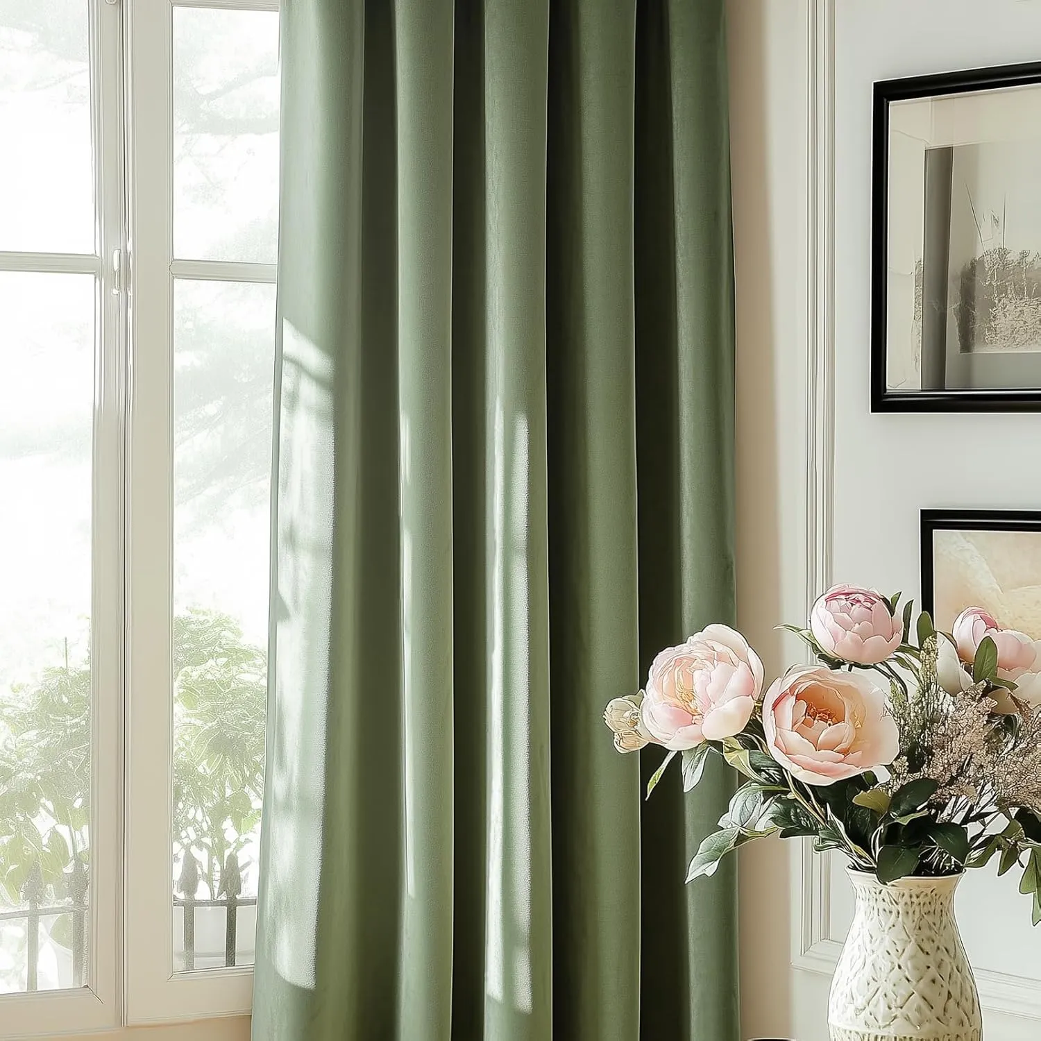 jinchan Curtains Velvet Curtain for Living Room, Sage Thermal Insulated Drape for Bedroom 84 Inch Long, Room Darkening Window Treatment Rod Pocket 1 Panel, Sage Green