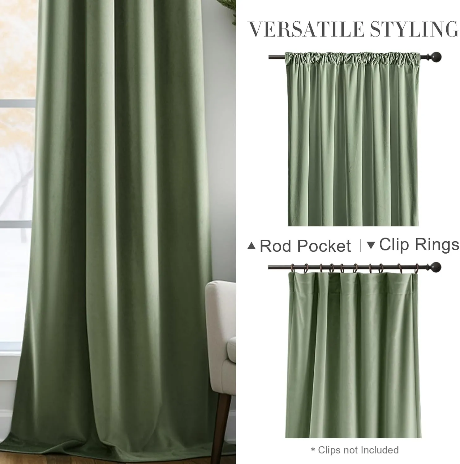 jinchan Curtains Velvet Curtain for Living Room, Sage Thermal Insulated Drape for Bedroom 84 Inch Long, Room Darkening Window Treatment Rod Pocket 1 Panel, Sage Green