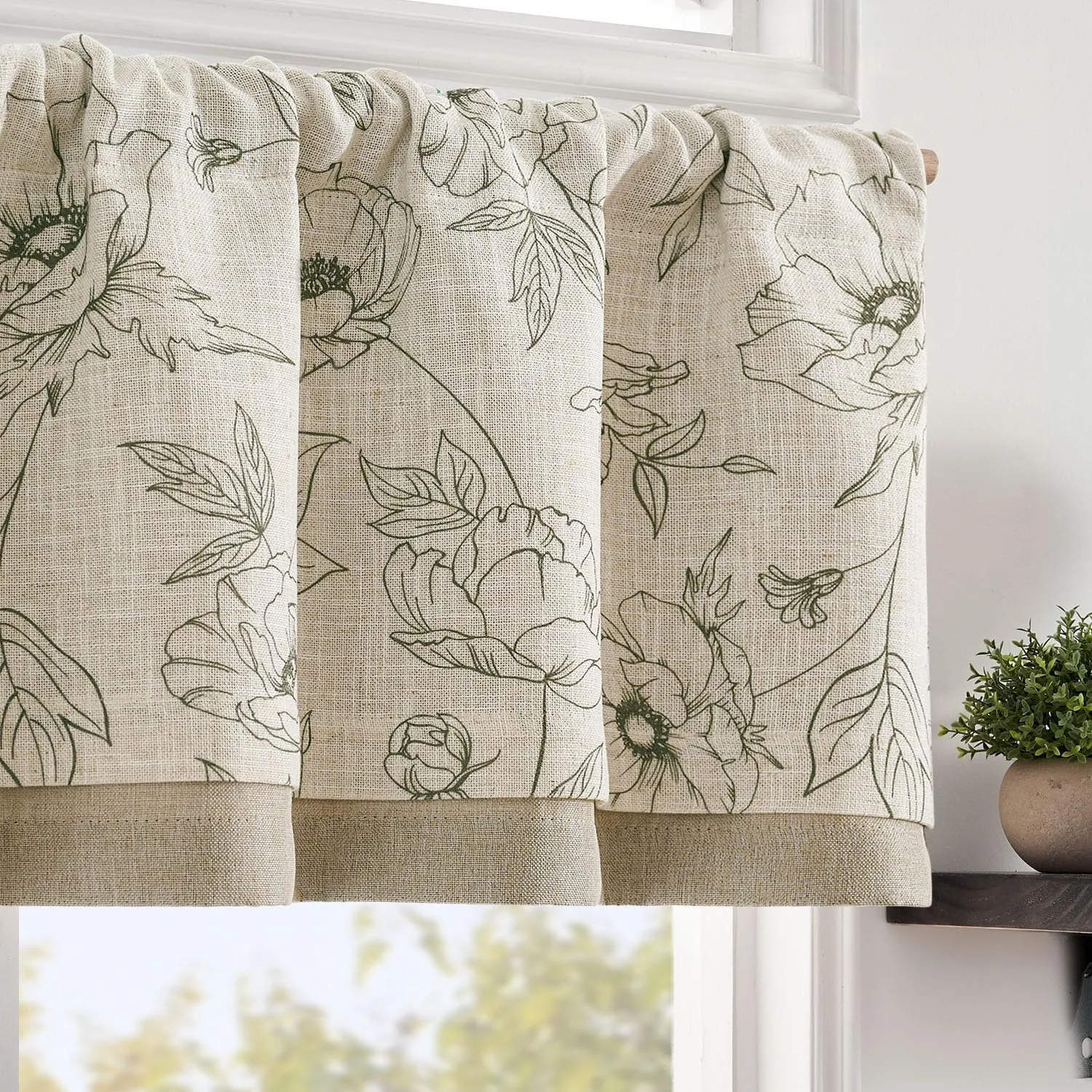 jinchan Linen Floral Valance Curtain for Kitchen Green Flower on Beige for Windows Room Darkening Farmhouse Valance Double Layer Window Treatment Decoration 1 Panel Rod Pocket 16 Inch
