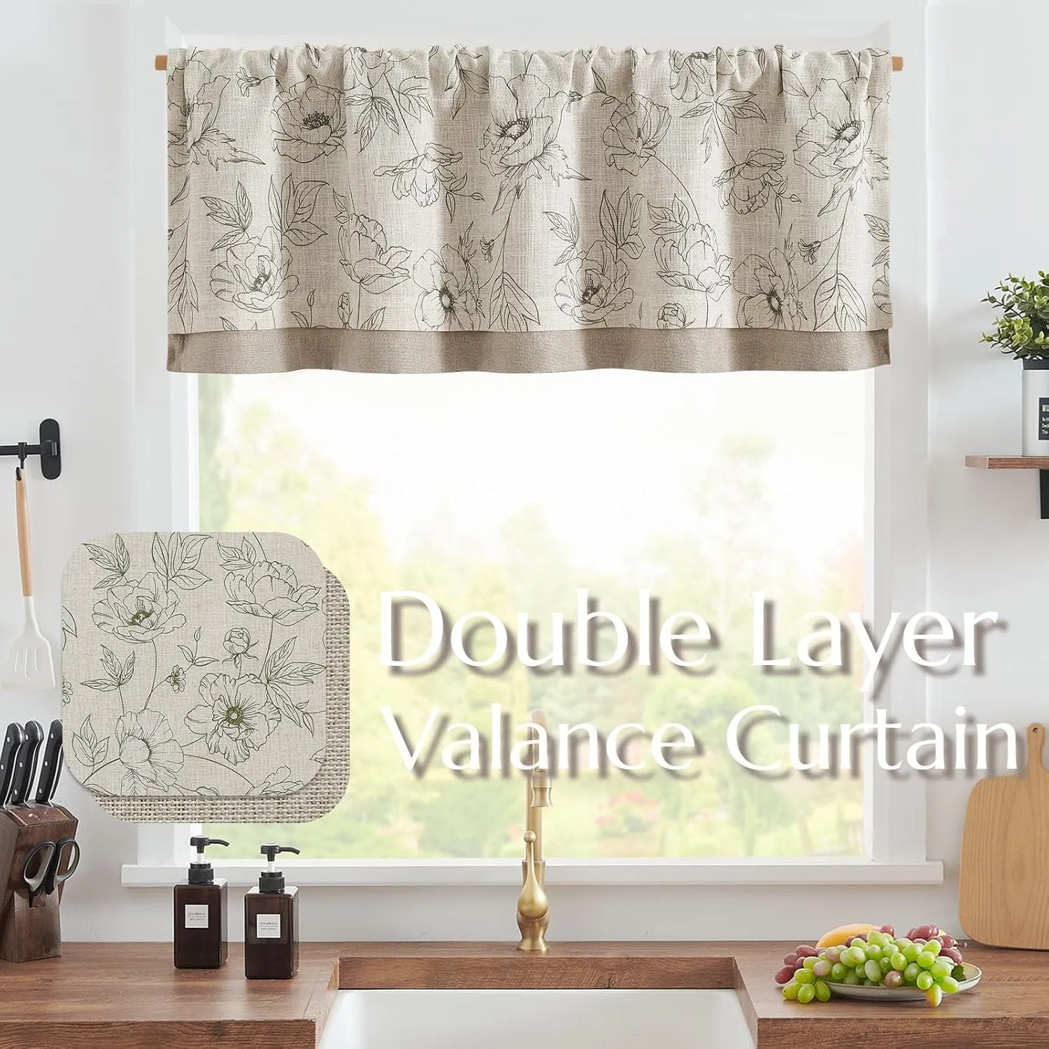 jinchan Linen Floral Valance Curtain for Kitchen Green Flower on Beige for Windows Room Darkening Farmhouse Valance Double Layer Window Treatment Decoration 1 Panel Rod Pocket 16 Inch