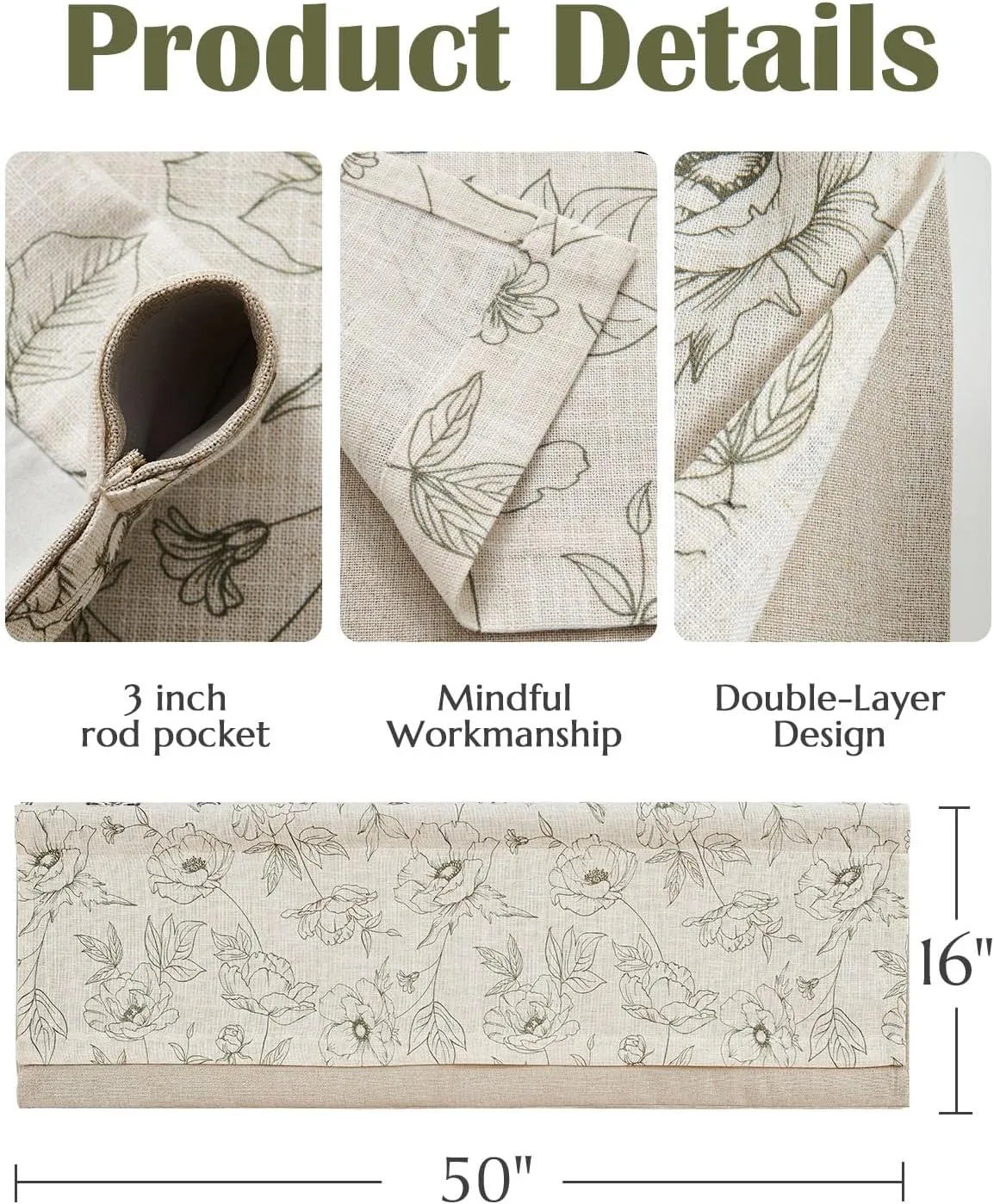 jinchan Linen Floral Valance Curtain for Kitchen Green Flower on Beige for Windows Room Darkening Farmhouse Valance Double Layer Window Treatment Decoration 1 Panel Rod Pocket 16 Inch