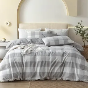 JIYUAN 100% Washed Cotton Duvet Cover Set 3 Pieces King, 1 Duvet Cover 104x90 Inches(Comforter Not Included) and 2 Pillowcases,Linen Feel Bedding Set Comfy and Breathable, Heathered Plaid Grey